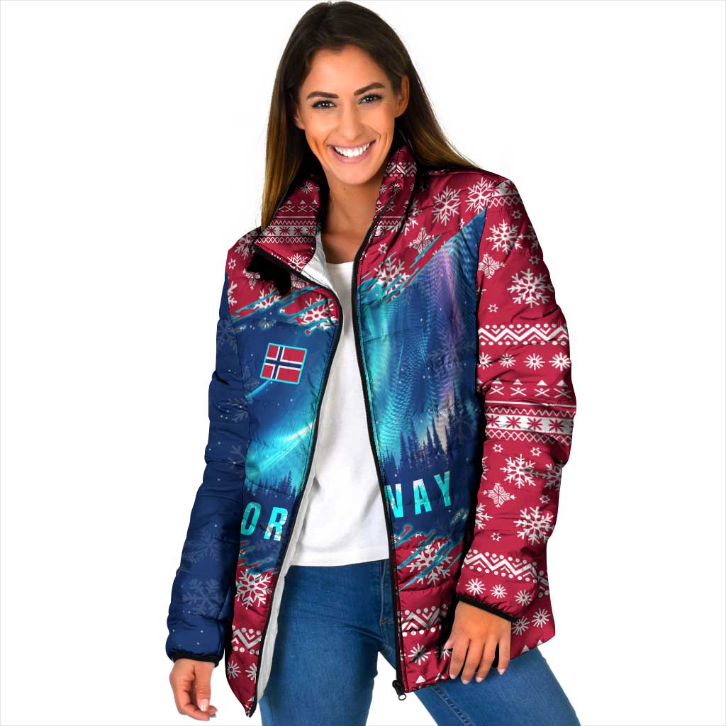Norway Christmas Padded Jacket with Northern Lights Snowflake Pattern and Nordic Forest - Wonder Print Shop