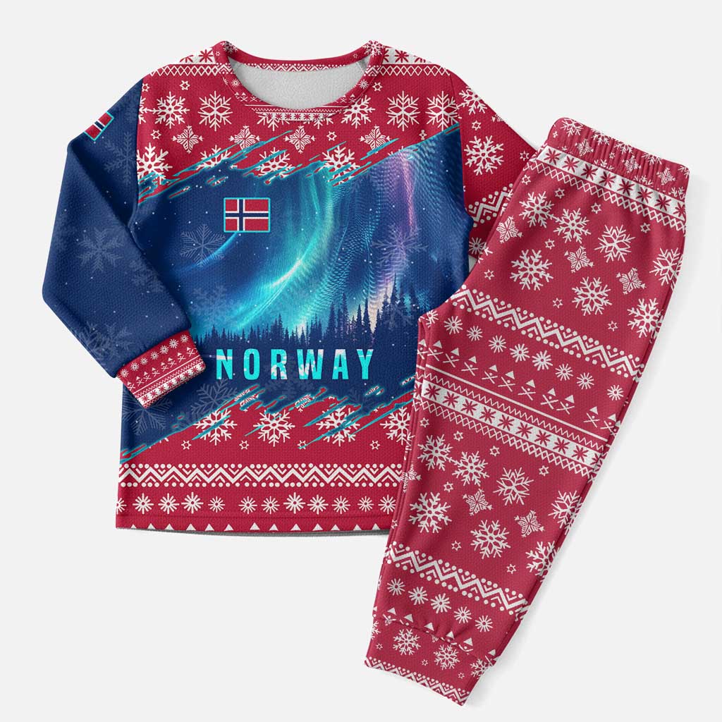 Norway Christmas Pajama Set with Northern Lights Snowflake Pattern and Nordic Forest - Wonder Print Shop