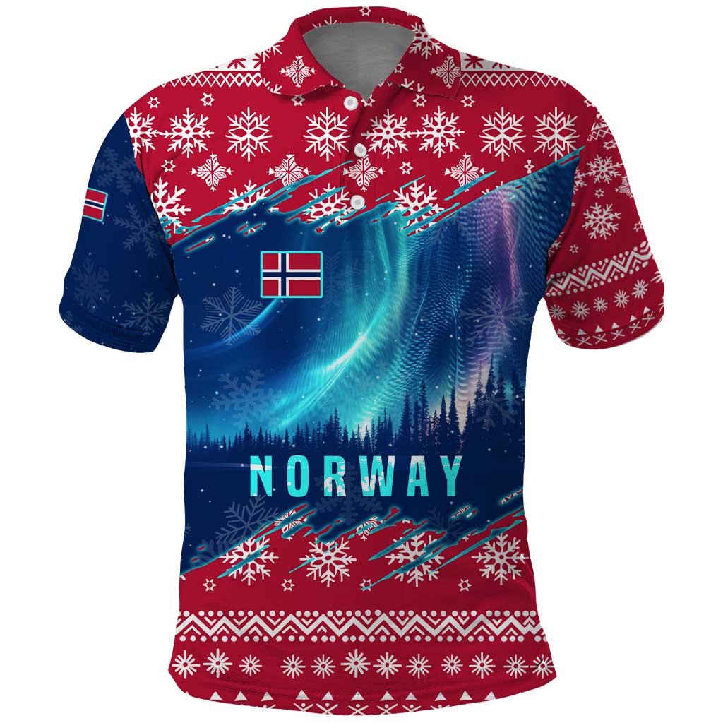 Norway Christmas Polo Shirt with Northern Lights Snowflake Pattern and Nordic Forest - Wonder Print Shop