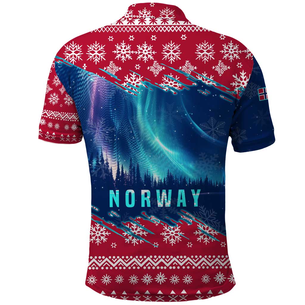 Norway Christmas Polo Shirt with Northern Lights Snowflake Pattern and Nordic Forest - Wonder Print Shop