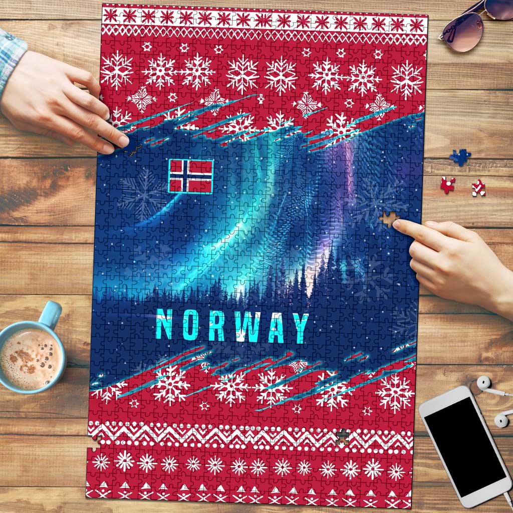 Norway Christmas Puzzle with Northern Lights Snowflake Pattern and Nordic Forest - Wonder Print Shop