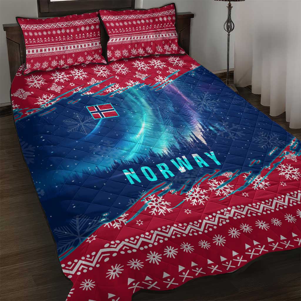 Norway Christmas Quilt Bed Set with Northern Lights Snowflake Pattern and Nordic Forest - Wonder Print Shop