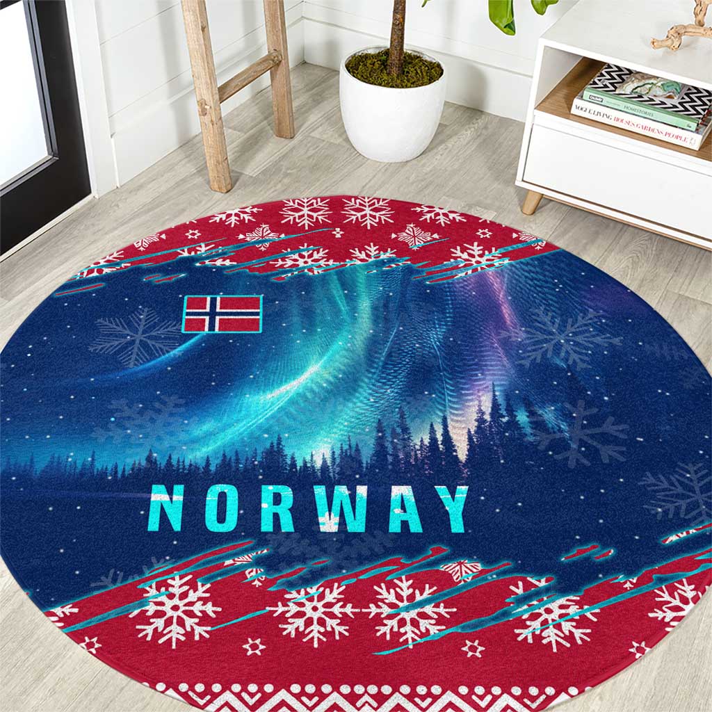 Norway Christmas Round Carpet with Northern Lights Snowflake Pattern and Nordic Forest - Wonder Print Shop