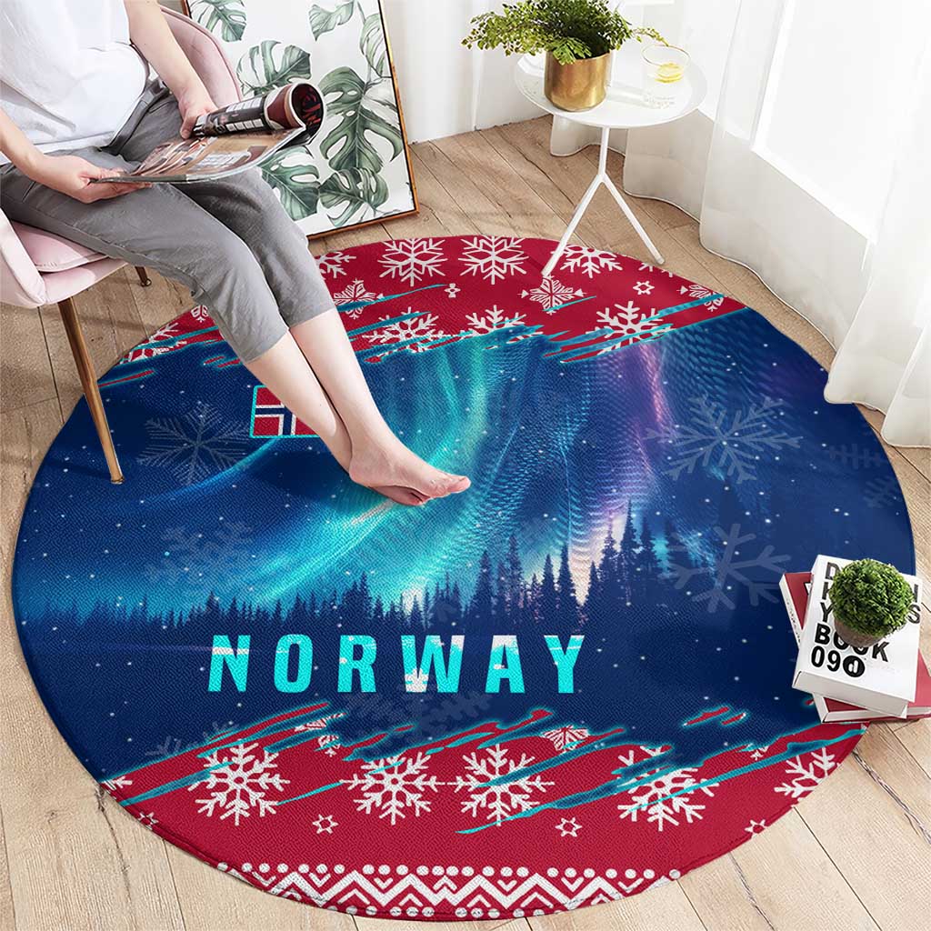 Norway Christmas Round Carpet with Northern Lights Snowflake Pattern and Nordic Forest - Wonder Print Shop