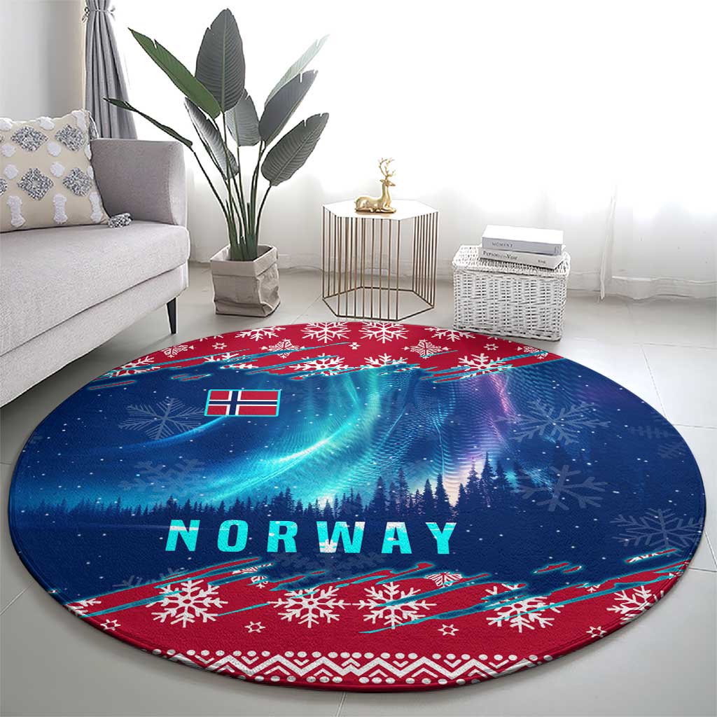 Norway Christmas Round Carpet with Northern Lights Snowflake Pattern and Nordic Forest - Wonder Print Shop