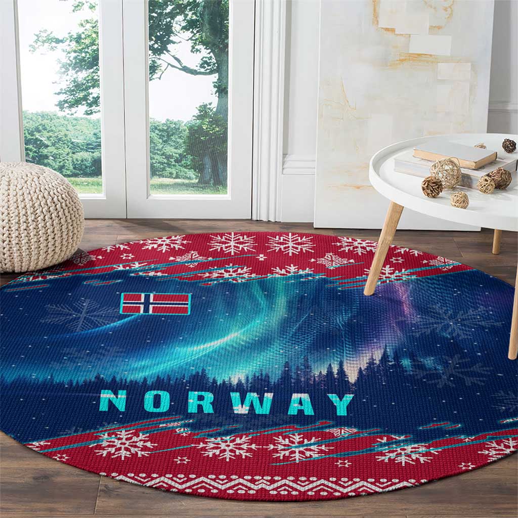 Norway Christmas Round Carpet with Northern Lights Snowflake Pattern and Nordic Forest - Wonder Print Shop