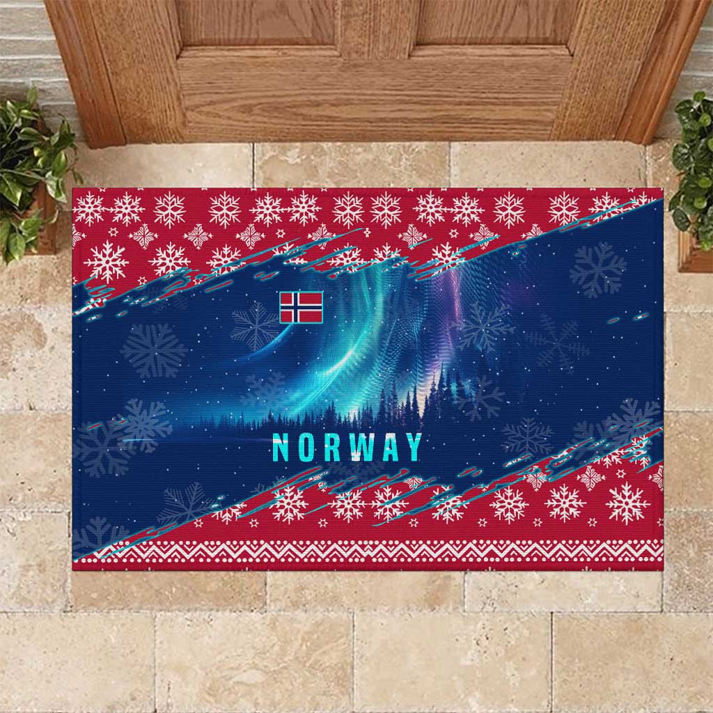 Norway Christmas Rubber Doormat with Northern Lights Snowflake Pattern and Nordic Forest - Wonder Print Shop