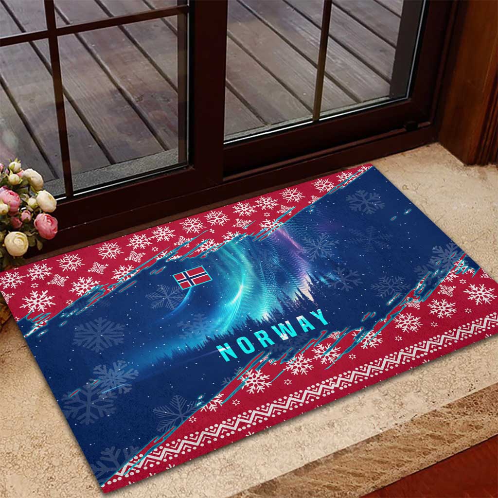 Norway Christmas Rubber Doormat with Northern Lights Snowflake Pattern and Nordic Forest - Wonder Print Shop