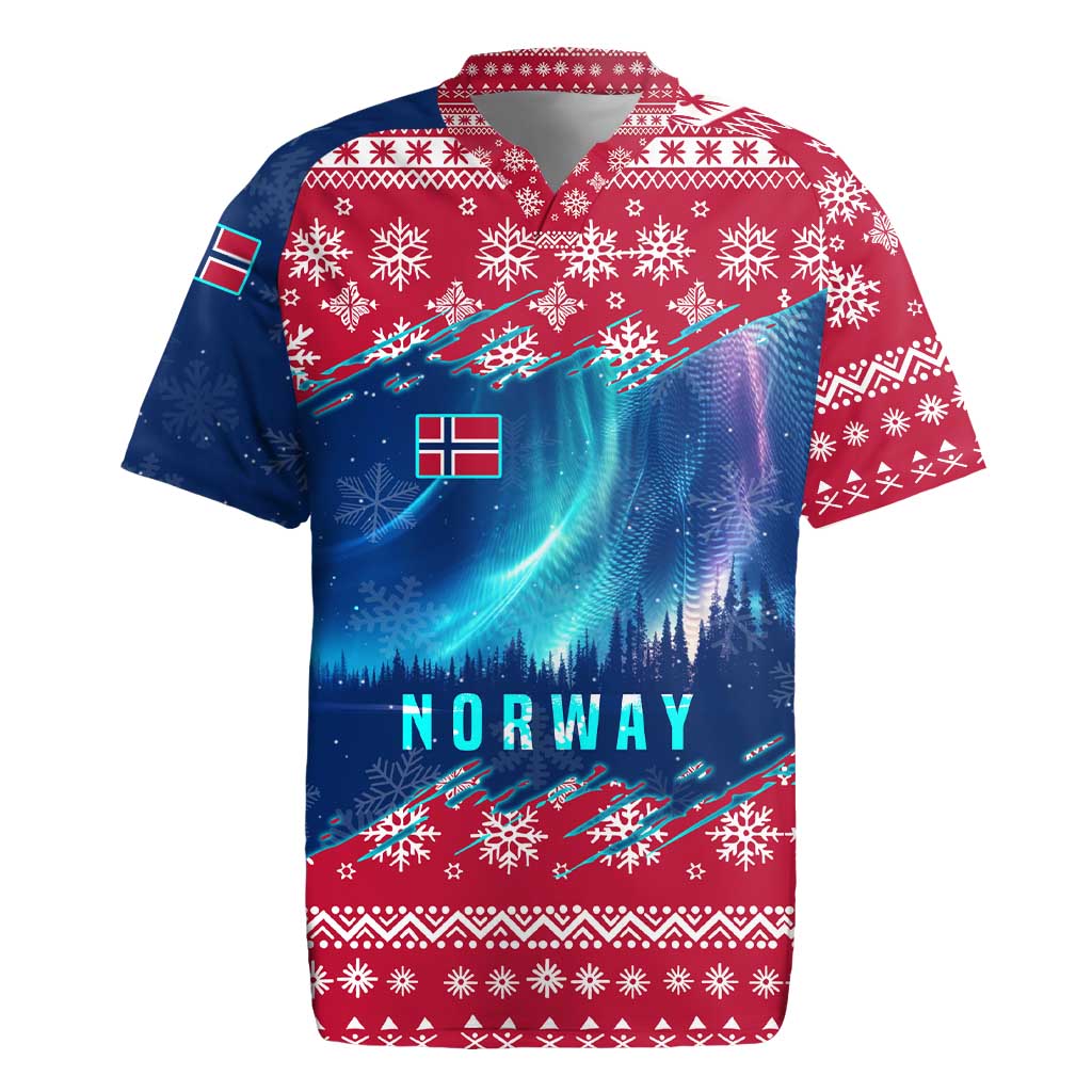 Norway Christmas Rugby Jersey with Northern Lights Snowflake Pattern and Nordic Forest - Wonder Print Shop