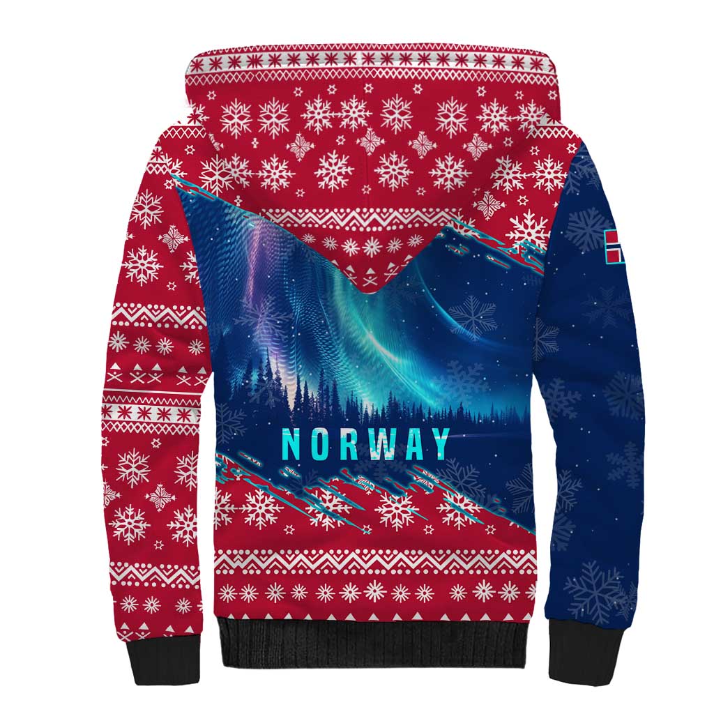 Norway Christmas Sherpa Hoodie with Northern Lights Snowflake Pattern and Nordic Forest - Wonder Print Shop