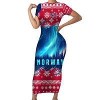 Norway Christmas Short Sleeve Bodycon Dress with Northern Lights Snowflake Pattern and Nordic Forest - Wonder Print Shop