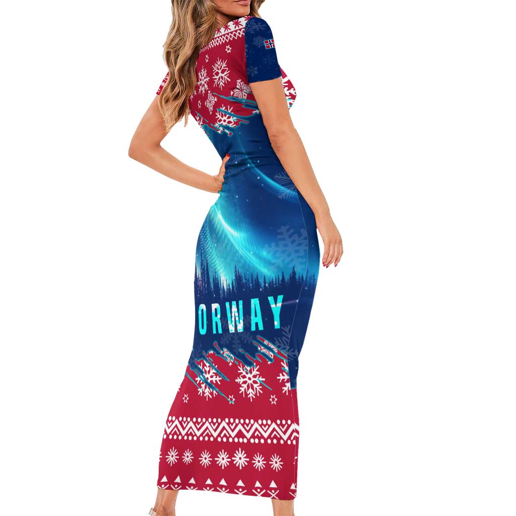 Norway Christmas Short Sleeve Bodycon Dress with Northern Lights Snowflake Pattern and Nordic Forest - Wonder Print Shop