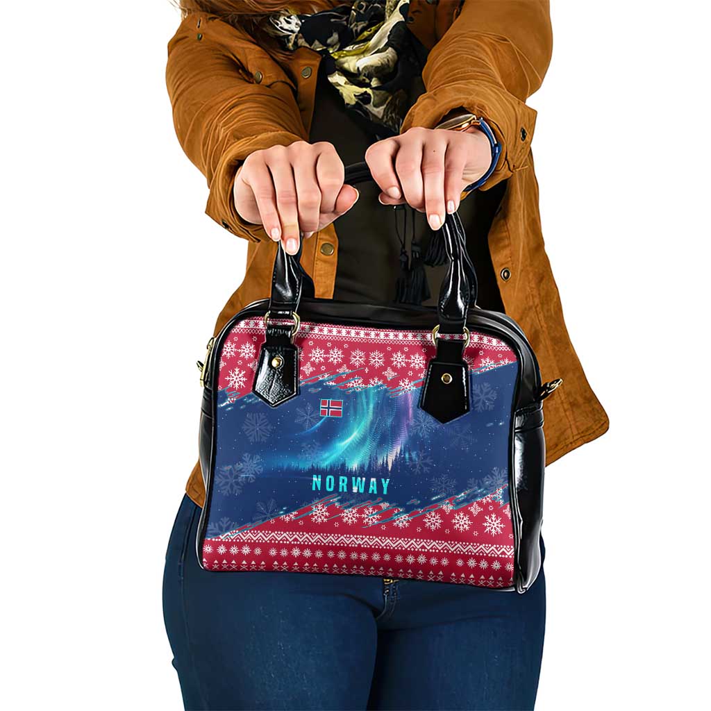 Norway Christmas Shoulder Handbag with Northern Lights Snowflake Pattern and Nordic Forest - Wonder Print Shop