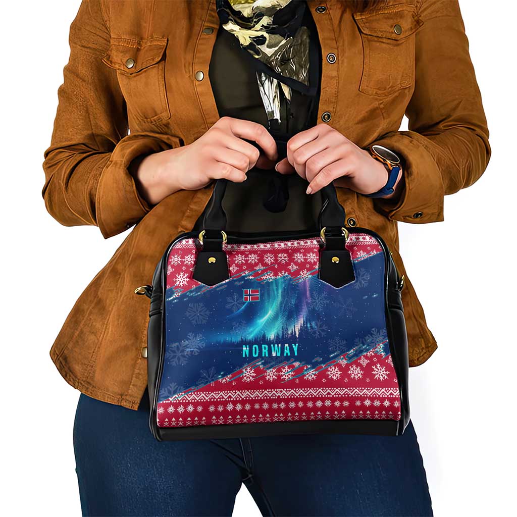 Norway Christmas Shoulder Handbag with Northern Lights Snowflake Pattern and Nordic Forest - Wonder Print Shop