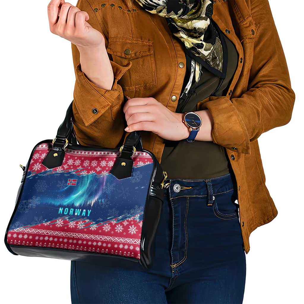 Norway Christmas Shoulder Handbag with Northern Lights Snowflake Pattern and Nordic Forest - Wonder Print Shop