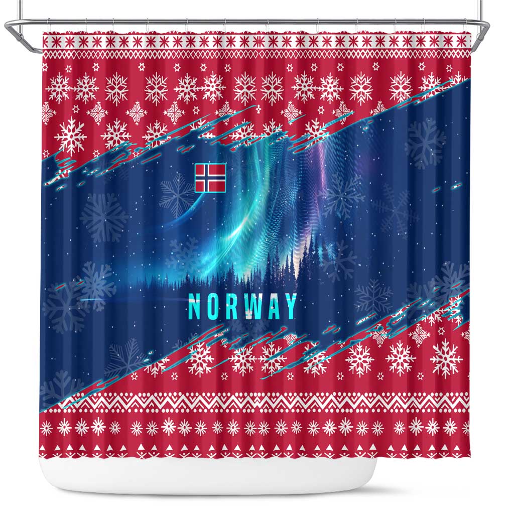 Norway Christmas Shower Curtain with Northern Lights Snowflake Pattern and Nordic Forest - Wonder Print Shop