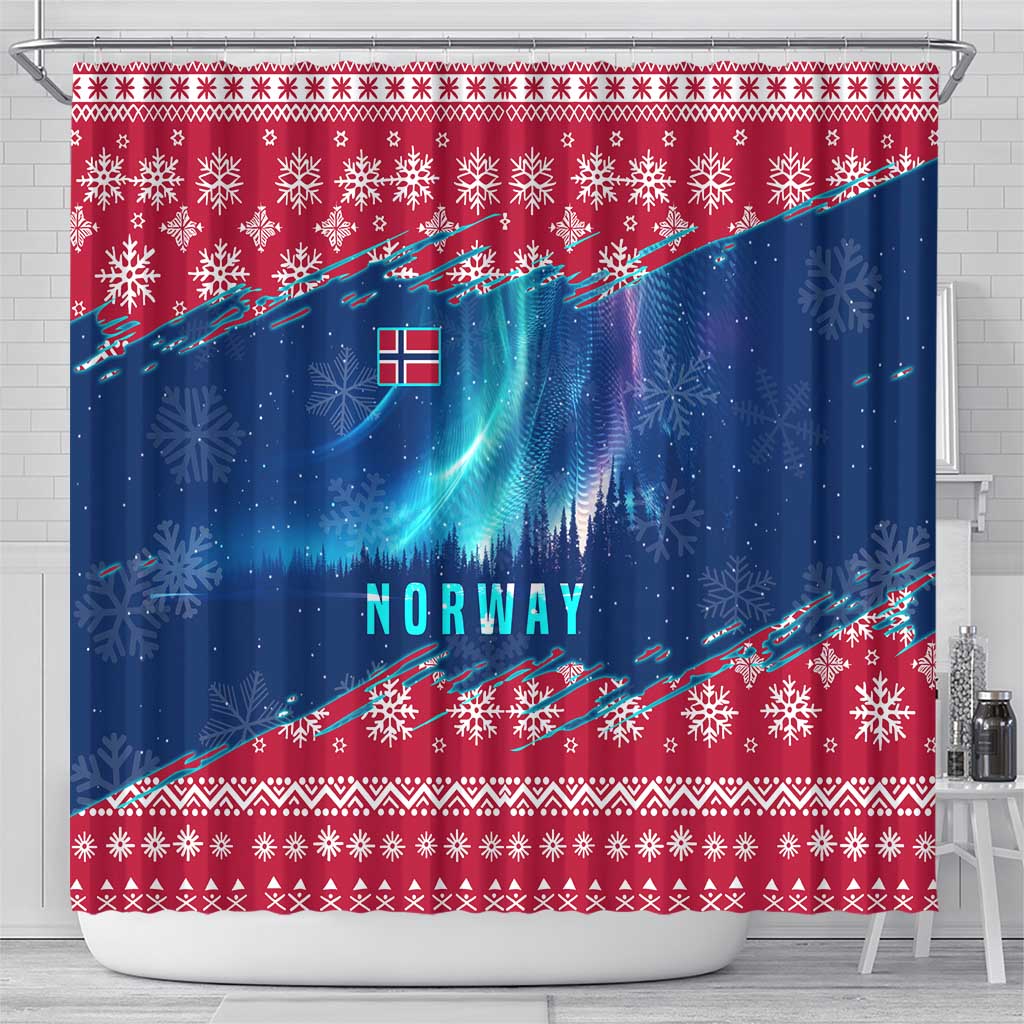 Norway Christmas Shower Curtain with Northern Lights Snowflake Pattern and Nordic Forest - Wonder Print Shop