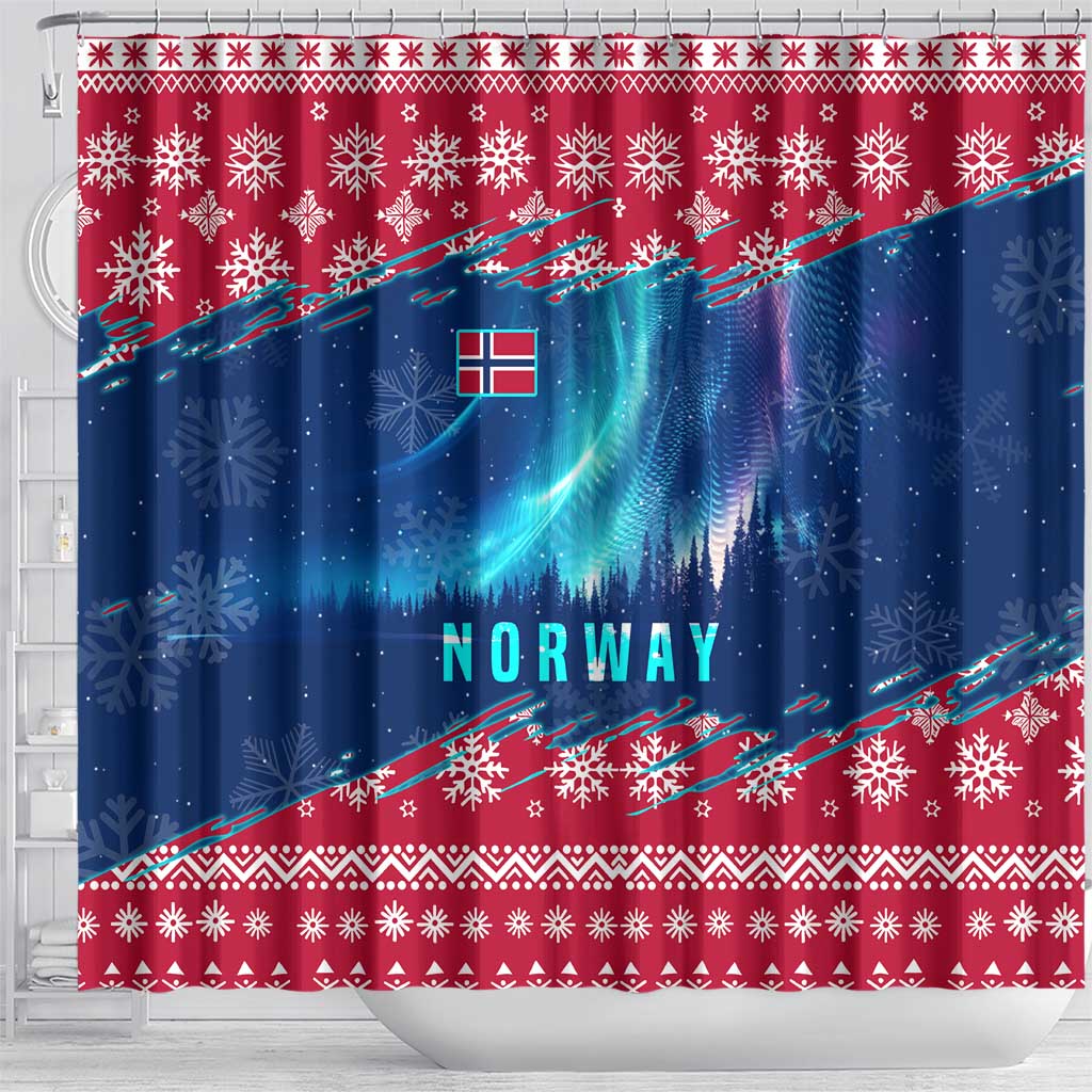Norway Christmas Shower Curtain with Northern Lights Snowflake Pattern and Nordic Forest - Wonder Print Shop