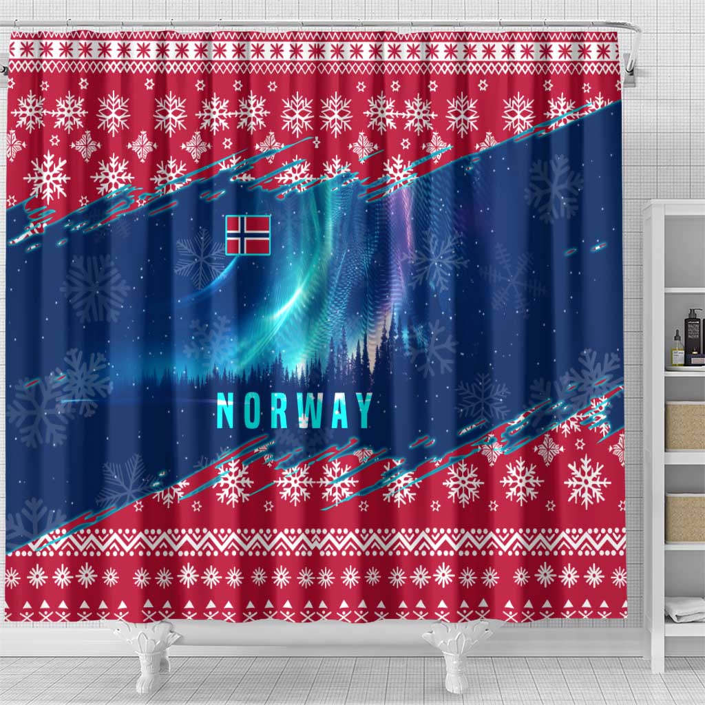 Norway Christmas Shower Curtain with Northern Lights Snowflake Pattern and Nordic Forest - Wonder Print Shop