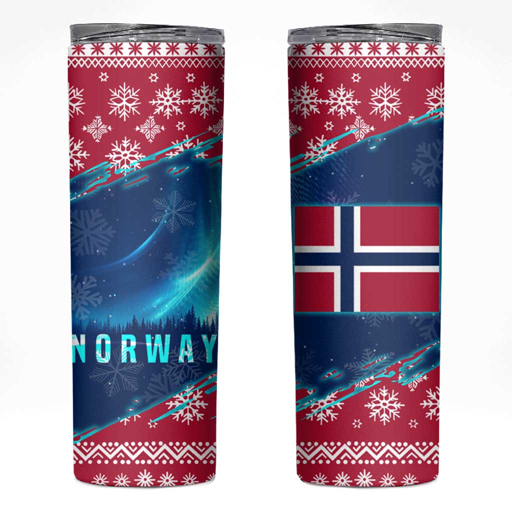 Norway Christmas Skinny Tumbler with Northern Lights Snowflake Pattern and Nordic Forest - Wonder Print Shop