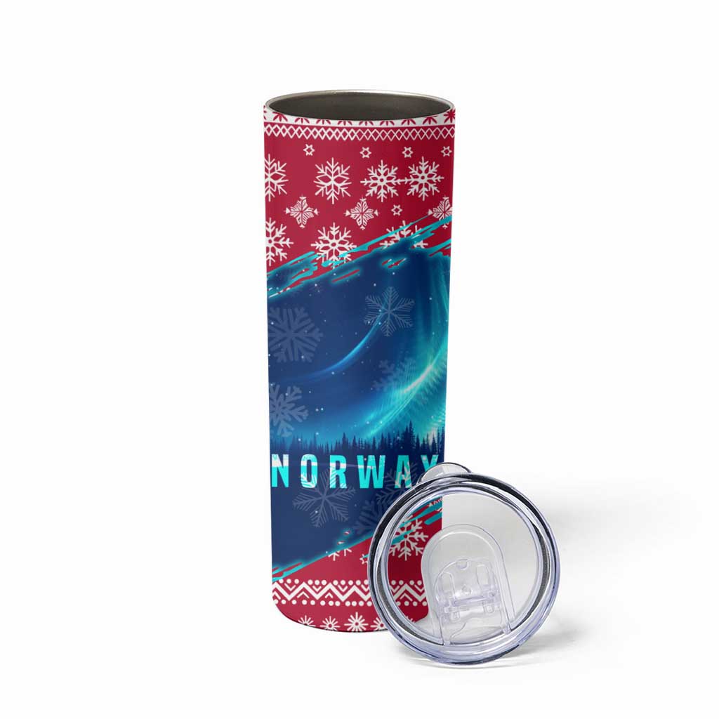 Norway Christmas Skinny Tumbler with Northern Lights Snowflake Pattern and Nordic Forest - Wonder Print Shop