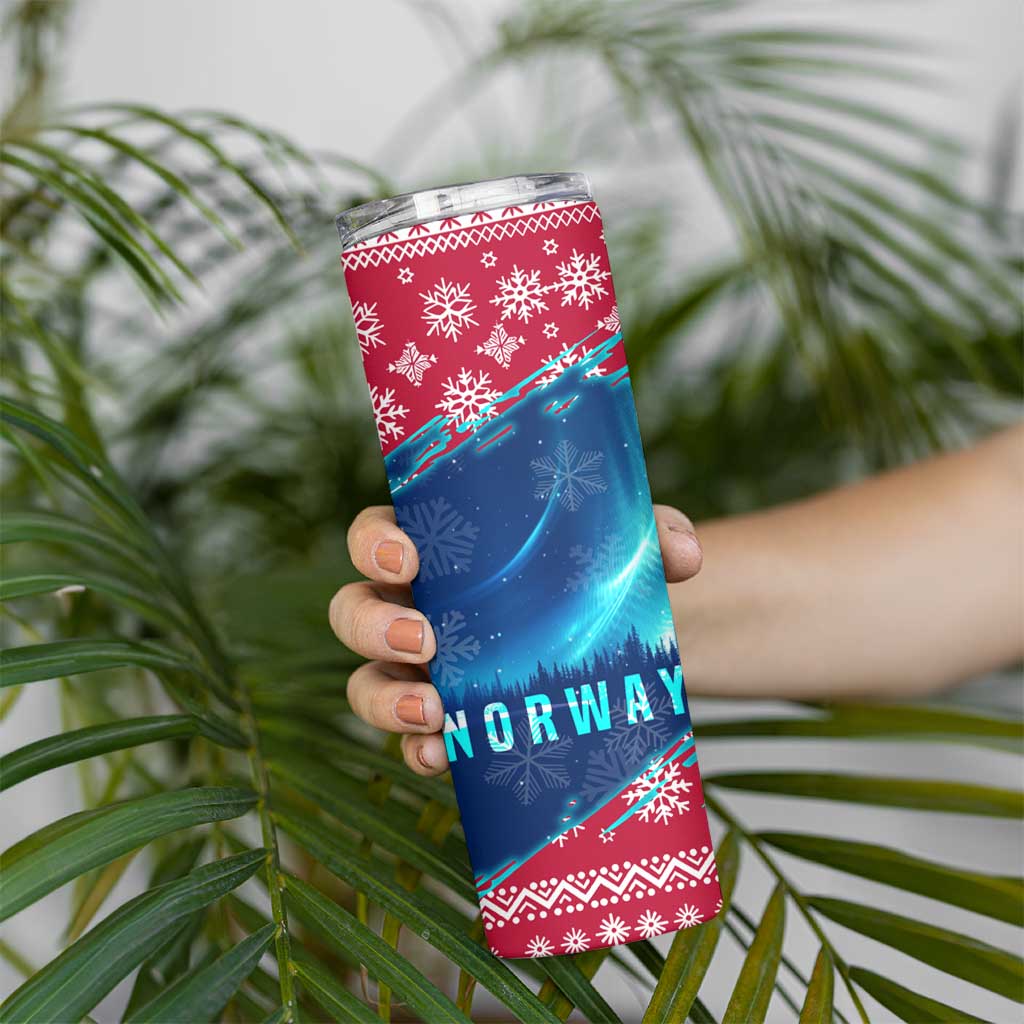 Norway Christmas Skinny Tumbler with Northern Lights Snowflake Pattern and Nordic Forest - Wonder Print Shop