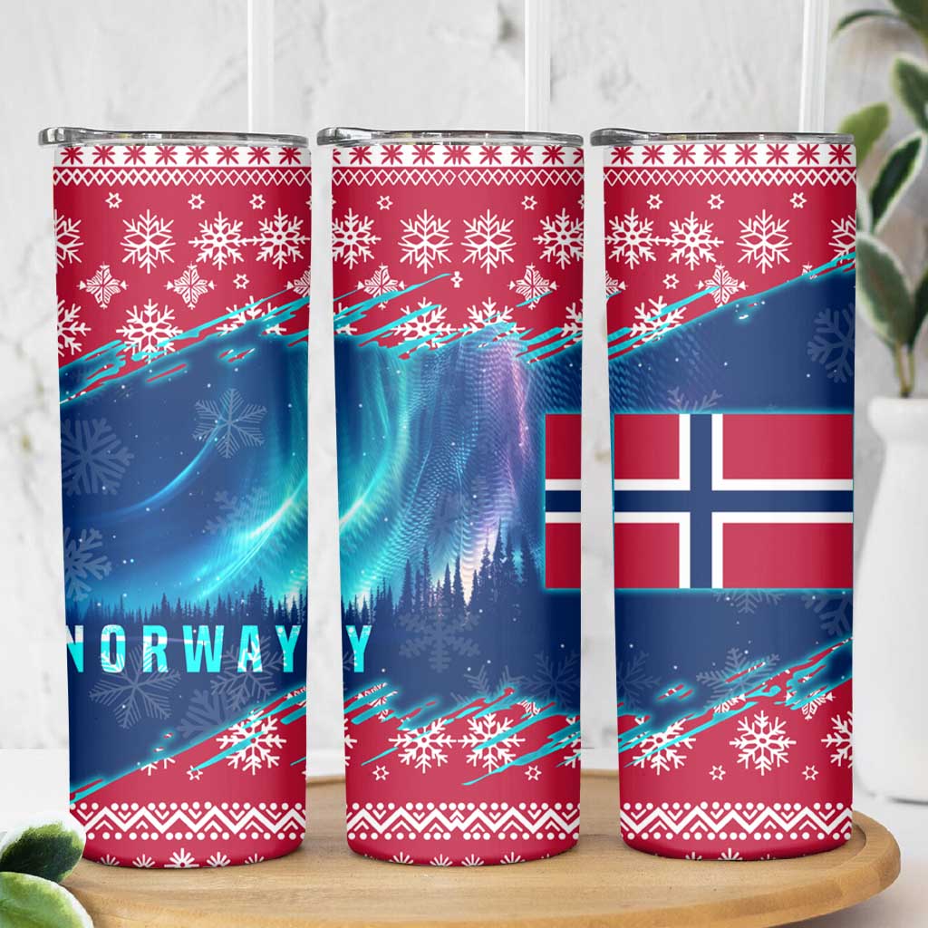 Norway Christmas Skinny Tumbler with Northern Lights Snowflake Pattern and Nordic Forest - Wonder Print Shop