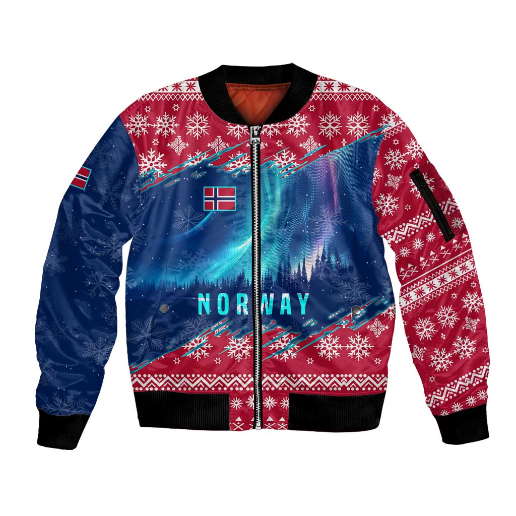 Norway Christmas Sleeve Zip Bomber Jacket with Northern Lights Snowflake Pattern and Nordic Forest - Wonder Print Shop
