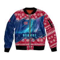 Norway Christmas Sleeve Zip Bomber Jacket with Northern Lights Snowflake Pattern and Nordic Forest - Wonder Print Shop