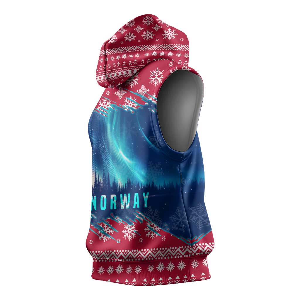 Norway Christmas Sleeveless Hoodie with Northern Lights Snowflake Pattern and Nordic Forest - Wonder Print Shop