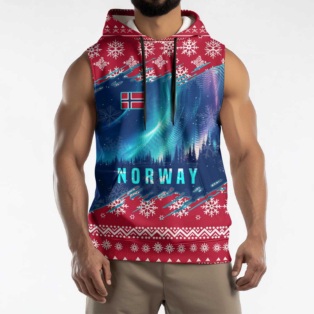 Norway Christmas Sleeveless Hoodie with Northern Lights Snowflake Pattern and Nordic Forest - Wonder Print Shop