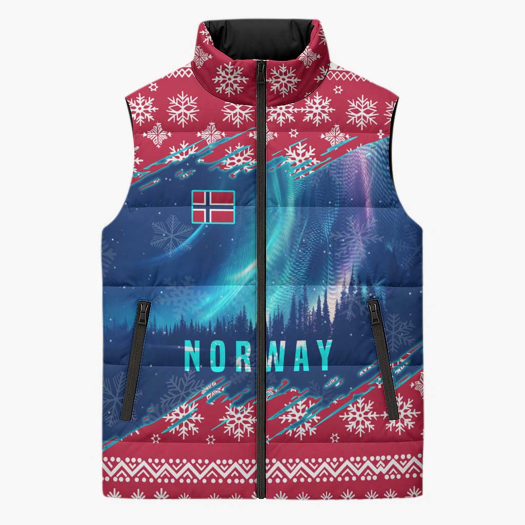 Norway Christmas Sleeveless Puffer Jacket with Northern Lights Snowflake Pattern and Nordic Forest - Wonder Print Shop