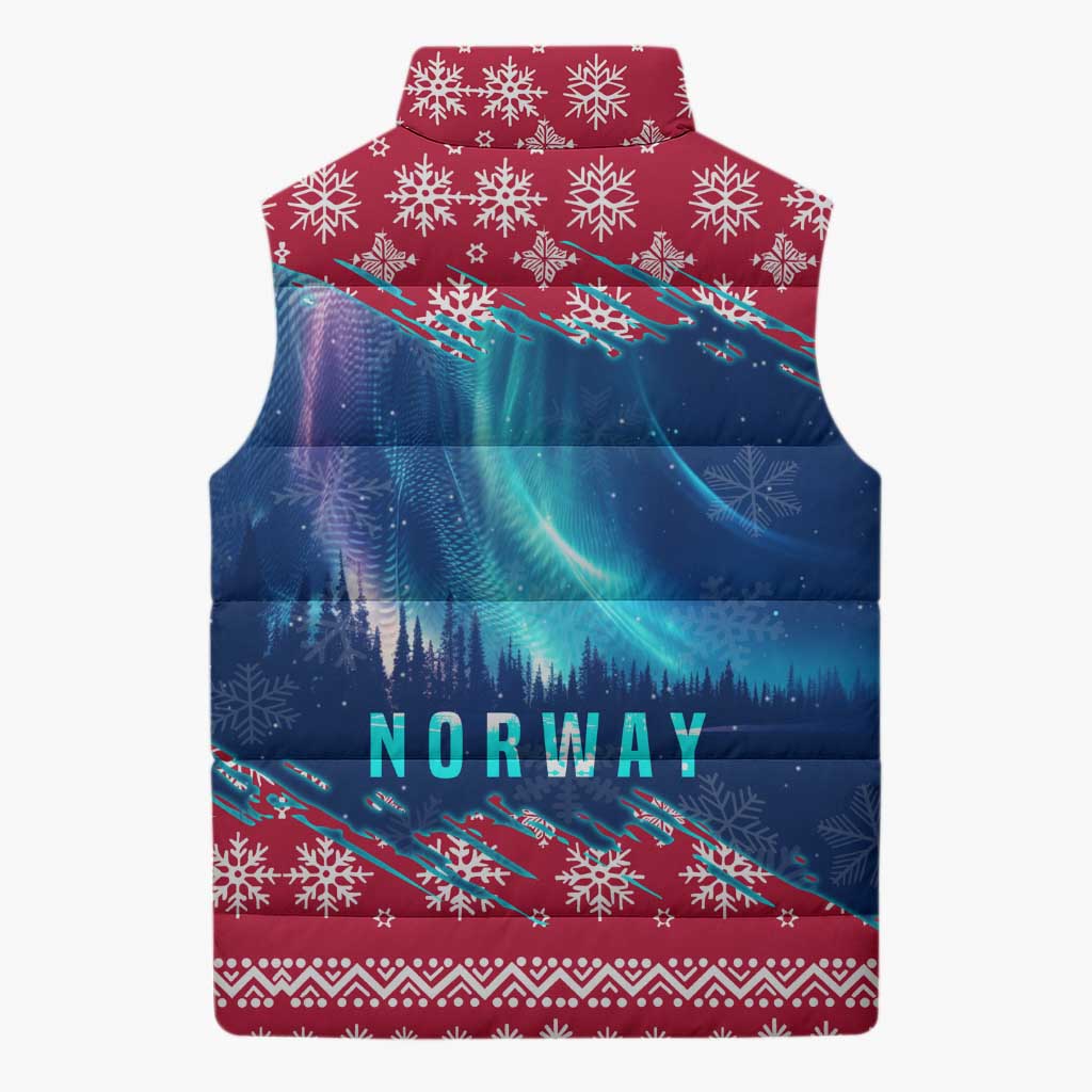 Norway Christmas Sleeveless Puffer Jacket with Northern Lights Snowflake Pattern and Nordic Forest - Wonder Print Shop
