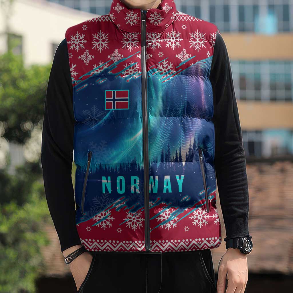 Norway Christmas Sleeveless Puffer Jacket with Northern Lights Snowflake Pattern and Nordic Forest - Wonder Print Shop