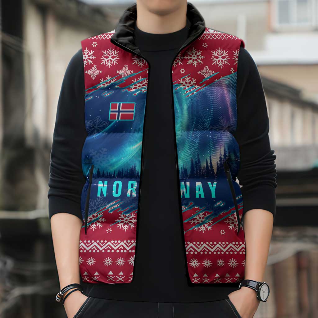 Norway Christmas Sleeveless Puffer Jacket with Northern Lights Snowflake Pattern and Nordic Forest - Wonder Print Shop