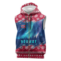 Norway Christmas Sleeveless Zip Hoodie with Northern Lights Snowflake Pattern and Nordic Forest - Wonder Print Shop