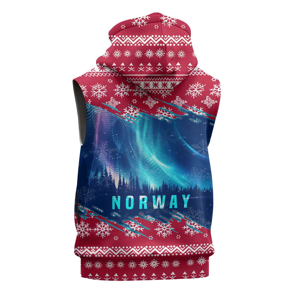 Norway Christmas Sleeveless Zip Hoodie with Northern Lights Snowflake Pattern and Nordic Forest - Wonder Print Shop