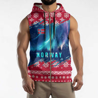 Norway Christmas Sleeveless Zip Hoodie with Northern Lights Snowflake Pattern and Nordic Forest - Wonder Print Shop