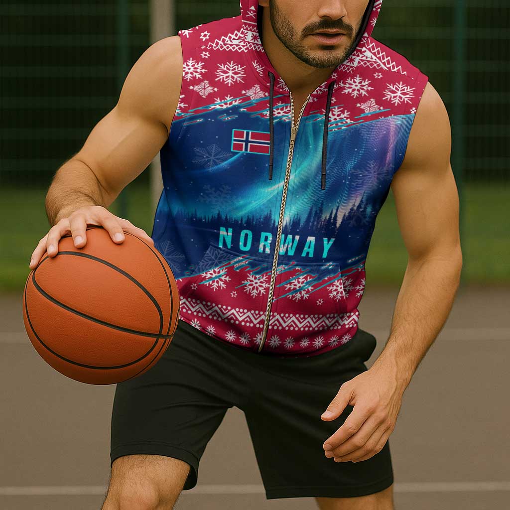 Norway Christmas Sleeveless Zip Hoodie with Northern Lights Snowflake Pattern and Nordic Forest - Wonder Print Shop