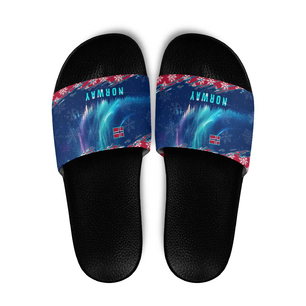Norway Christmas Slide Sandals with Northern Lights Snowflake Pattern and Nordic Forest - Wonder Print Shop