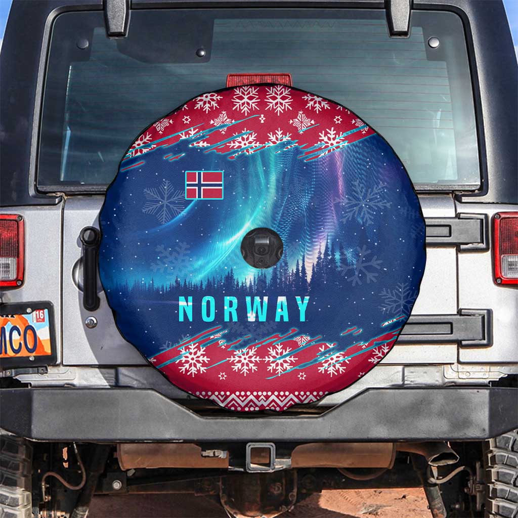 Norway Christmas Spare Tire Cover with Northern Lights Snowflake Pattern and Nordic Forest - Wonder Print Shop