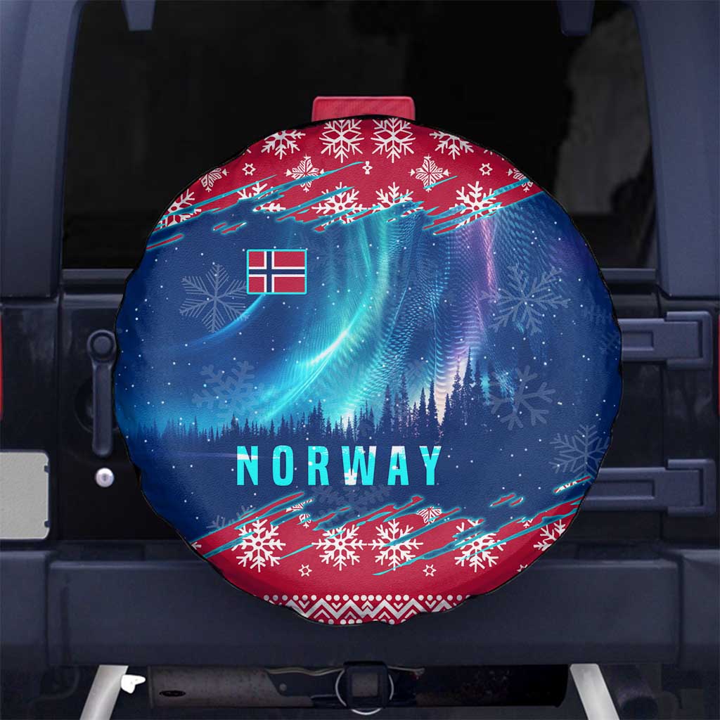 Norway Christmas Spare Tire Cover with Northern Lights Snowflake Pattern and Nordic Forest - Wonder Print Shop