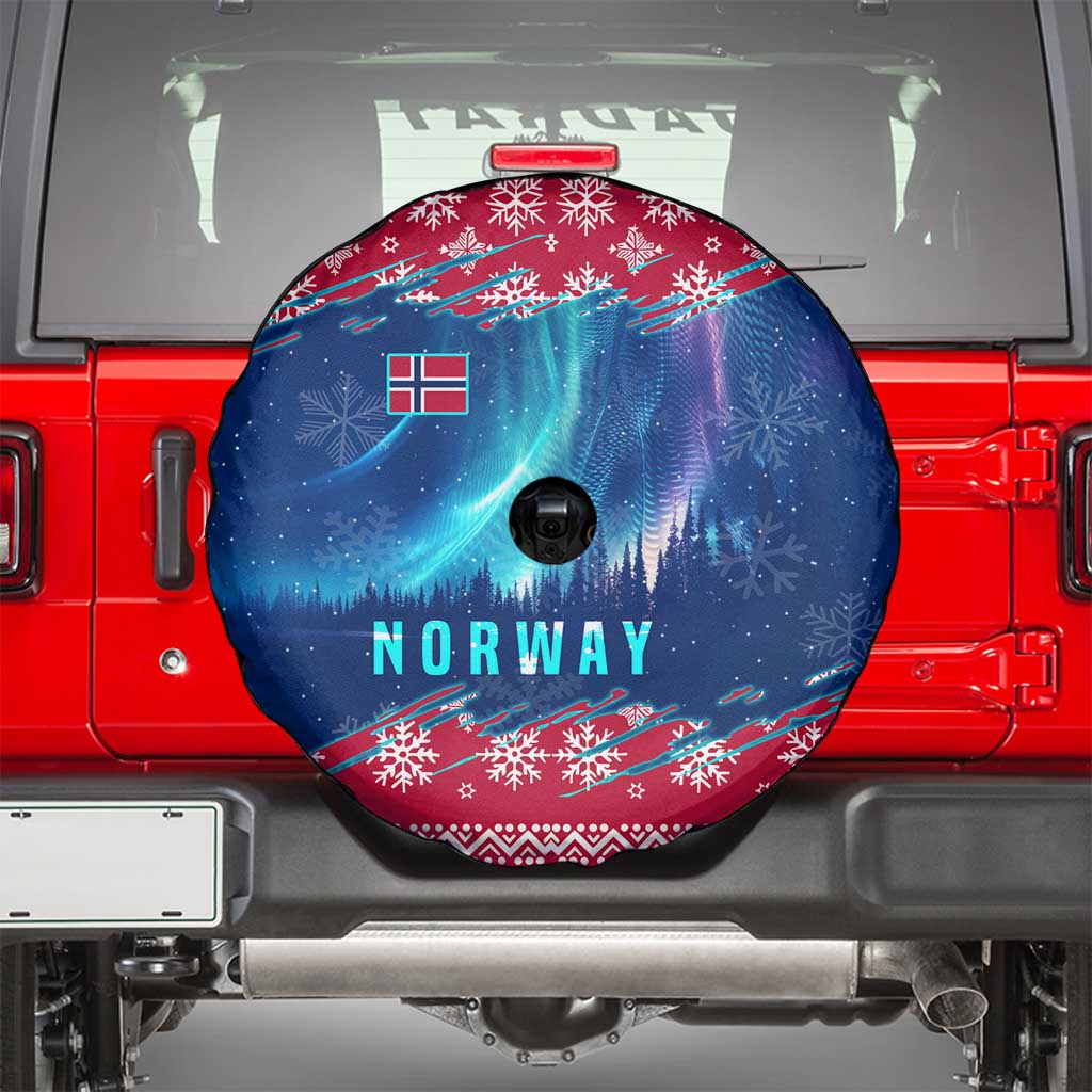 Norway Christmas Spare Tire Cover with Northern Lights Snowflake Pattern and Nordic Forest - Wonder Print Shop