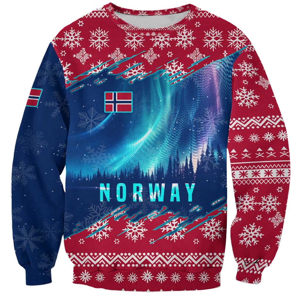 Norway Christmas Sweatshirt with Northern Lights Snowflake Pattern and Nordic Forest - Wonder Print Shop