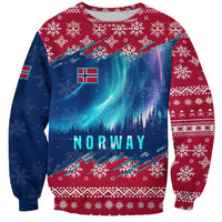 Norway Christmas Sweatshirt with Northern Lights Snowflake Pattern and Nordic Forest - Wonder Print Shop