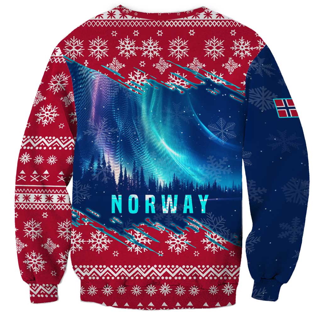 Norway Christmas Sweatshirt with Northern Lights Snowflake Pattern and Nordic Forest - Wonder Print Shop