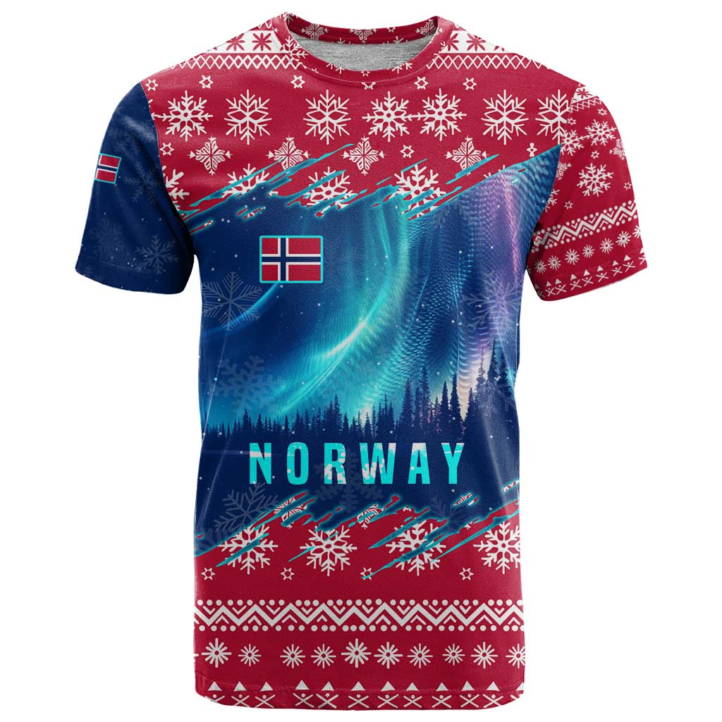 Norway Christmas T Shirt with Northern Lights Snowflake Pattern and Nordic Forest - Wonder Print Shop