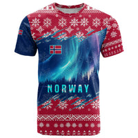 Norway Christmas T Shirt with Northern Lights Snowflake Pattern and Nordic Forest - Wonder Print Shop