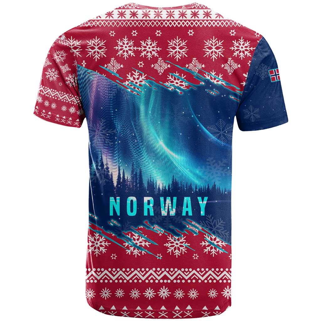 Norway Christmas T Shirt with Northern Lights Snowflake Pattern and Nordic Forest - Wonder Print Shop