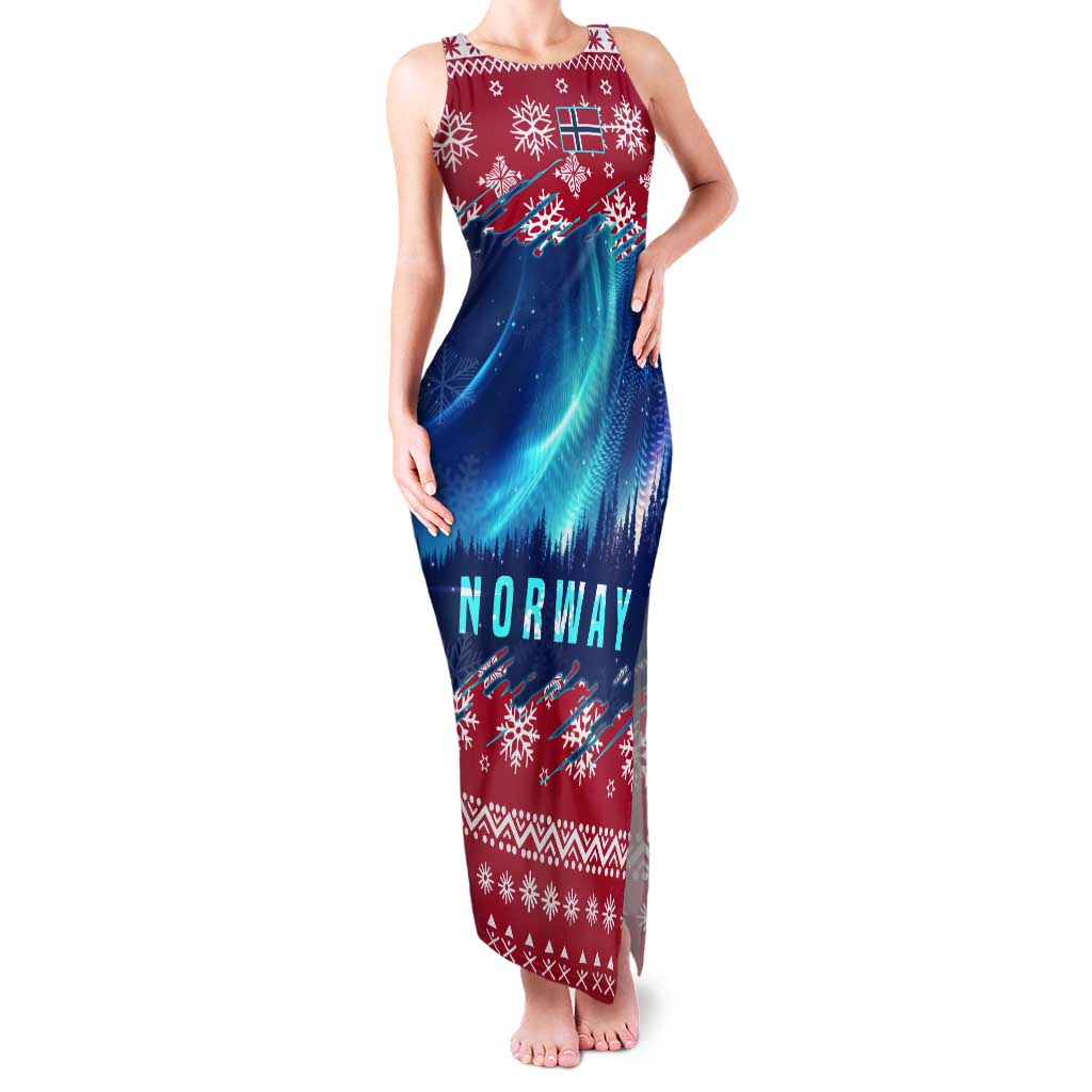 Norway Christmas Tank Maxi Dress with Northern Lights Snowflake Pattern and Nordic Forest - Wonder Print Shop